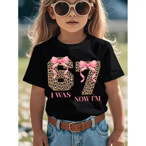 Girl's 7th & 6th Birthday Outfit – "I'm 6, Now I'm 7" Number 67 Meme Pink Bow Leopard Print T-Shirt | Soft Breathable Kids Tee for 7-Year-Old Girls, Birthday Party or Casual Attire | Cute Round Neck Short Sleeve Top