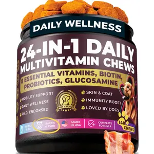Pup Choice 24-in-1 Daily Multivitamin Dog Chews – Joint, Skin & Coat, Digestion & Immunity Support – Glucosamine, Omega-3, Probiotics for Gut Health – PhD-Endorsed, 140 Chews, Bacon Flavor