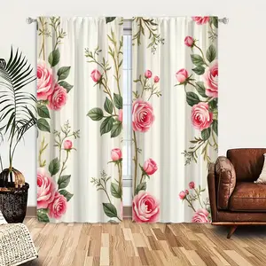 2pcs Window Curtains, A charming seamless pattern of pink roses and green foliage on a cream and beige striped background. Features delicate vines and blossoms.Window Drapes for Bedroom Living Room, Rod Pocket Window Treatment, Room Decor Curtain