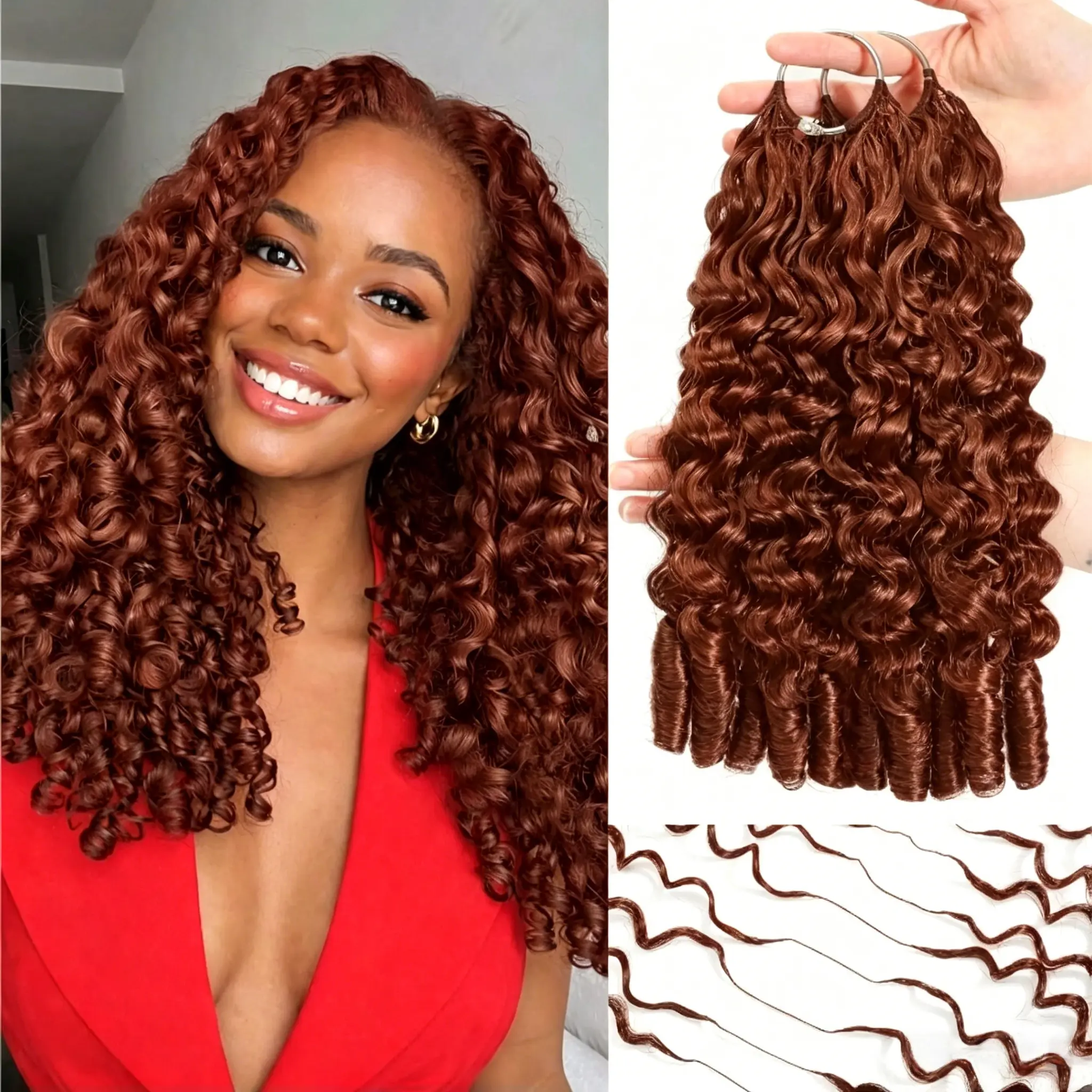 Bling Hair #33 Reddish Brown Color Burmese Curly Miracle Knots Crochet Human Hair Extension  For Black Women Kinky Curly Feathered Human Crochet Hair Bundles
