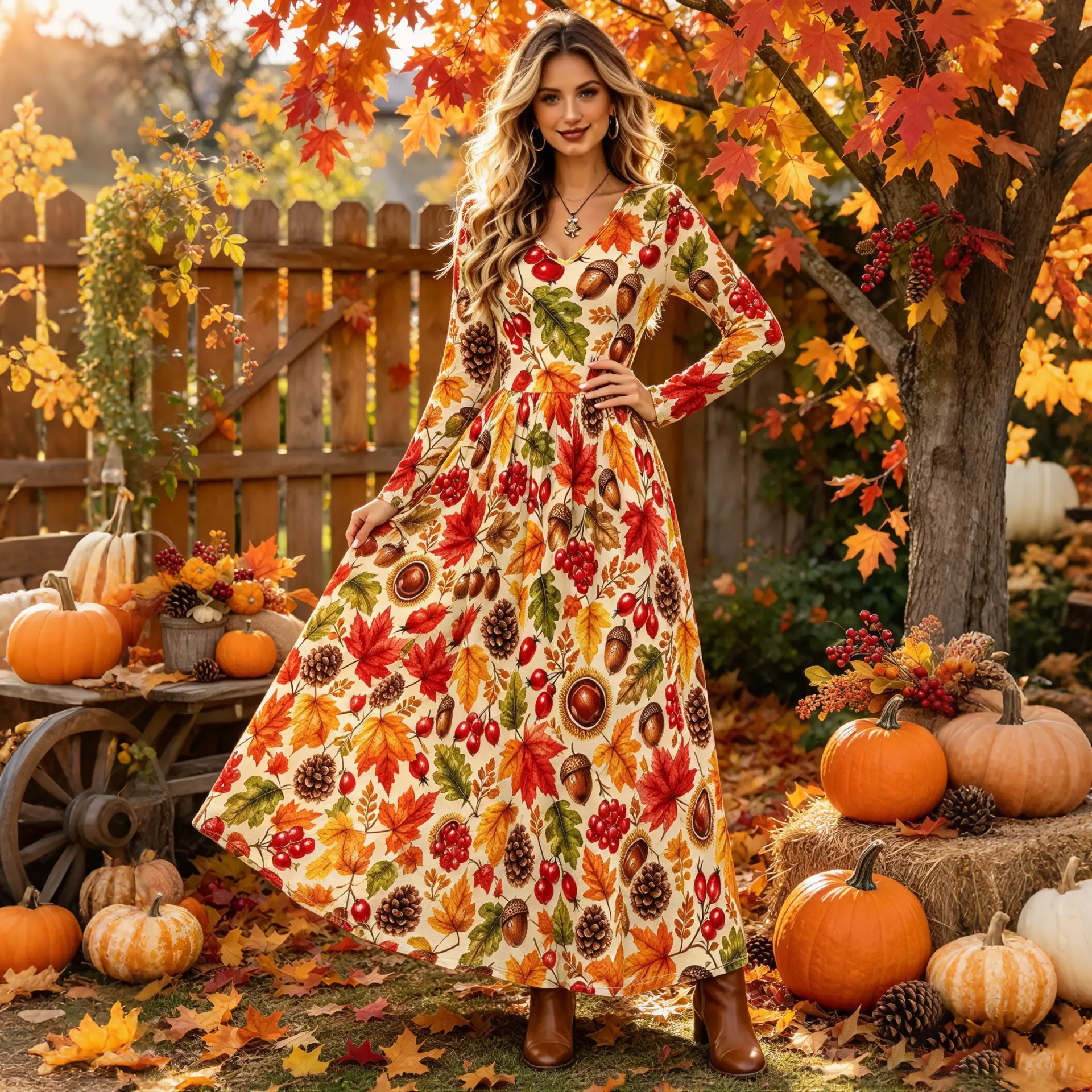 Women's Long-Sleeve V-Neck Midi Dress with Maple Leaf, Acorn and Pinecone Print, Casual A-Line Autumn Dress for Thanksgiving