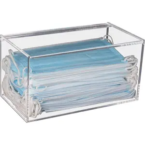 Face Mask Dispenser with Hinged Lid, Countertop Acrylic Mask Storage Box Holder Transparent Dust-Proof Mask Storage Case Container for Home Office Car, Clear