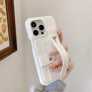 Slot Card Bag Wrist Strap Holder Leather Wallet Phone Case For iPhone 16 15 14 13 12 11 Pro Max 7 8 Plus X XR XS SE Hard Cover