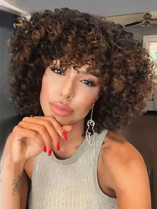 Short Curly Wigs for Women with Bangs, Big Bouncy Fluffy Kinky Curly Wigs, Heat Resistant Soft Synthetic 2 Tone Ombre Darkest