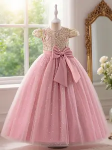 Girl's Ditsy Floral Print Contrast Sequin Bow Front Mesh Hem Party Dress, Elegant Glitter Sleeveless Sweater Dress for Party Performance Wedding Guest, Kids Clothes for Summer