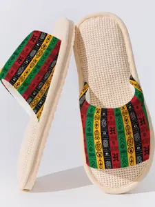 1 Pair African Totem Linen Slippers, Ethnic Style Breathable Non-Slip Sole, Bedroom Living Room Daily Wear, All Seasons Casual Shoes