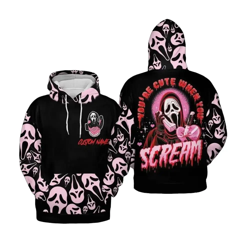 Personalized Horror Ghost Face 3D Hoodie – Custom Name Scary Mask Graphic Sweatshirt, “You’re Cute When You Scream” Halloween Gift