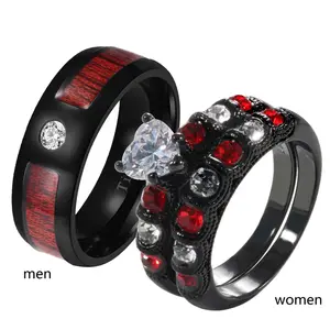 Ringcrown Couple Rings Matching Ring Heart Cut 1ct Heart CZ Black Plated Women Wedding Ring Sets For Him And Her Men Red Titanium Steel Wedding Band