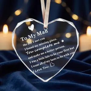 To My Man Gift, 1 Count Letter Pattern Heart Shaped Crystal Glass Pendant, Birthday Gifts for Boyfriend & Husband, Desktop Ornament for Home & Office