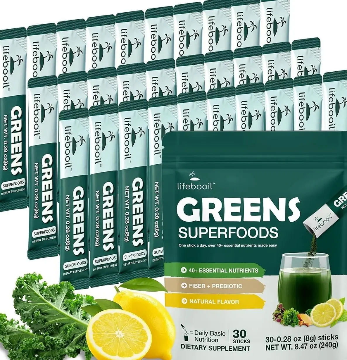 Super Greens Powder Stick Packs with 40+ Superfoods, 30 Packets | Daily Greens Drink Mix with Fruits, Vegetables, Fiber, Probiotics & Mushrooms, Supports Energy, Gut Health & Digestion