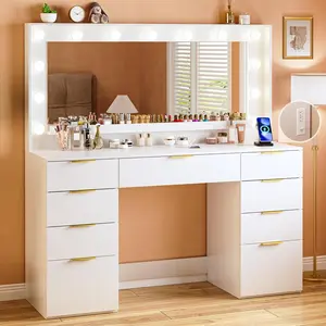 Vanity Desk with Large Mirror and Lights, 45.3in Makeup Vanity with Power Outlet 9 Drawers & Storage, 3 Lighting Color Adjustable, White Vanity Desk for Bedroom