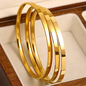 3Pcs Minimalist Gold Bangle Bracelets Set for Women, Plain Smooth Stackable Round Bangles, Everyday Layered Jewelry Gift permanent