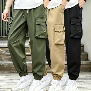 Men's 3-Pack Plain Cargo Joggers - Menswear Multi-Pocket Techwear Streetwear, Elastic Waist, Tapered Utility, Non-Transparent Beige Casual Pants Bundle, Slim Fit Stretch Chino (Advised for Larger Men's Pants; Mix-and-Match Option, Size Up 1)