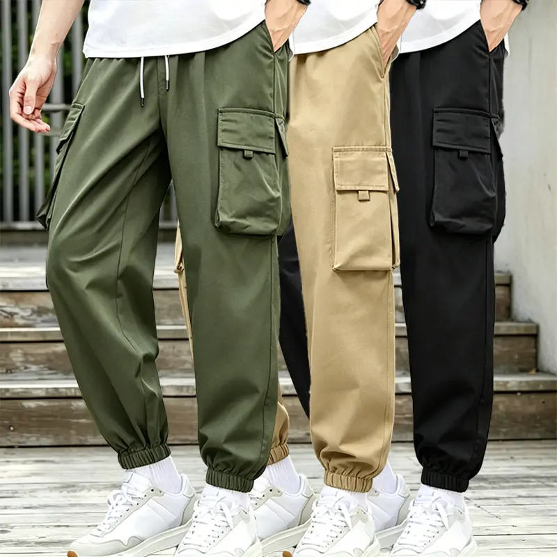 Men's 3-Pack Plain Cargo Joggers - Ankle, Aesthetic, Multi-Size, Custom-Fitted, Mix-and-Match Menswear Techwear Streetwear, Elastic Waist, Tapered Utility, Non-Transparent Beige Stretch Chino (Advised for Larger Men; Size Up 1), Ankle Men's Pants, Multi-S