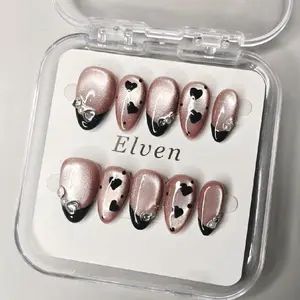 Pink Cat Eye and Black French Tips Handmade Press On Nails Set