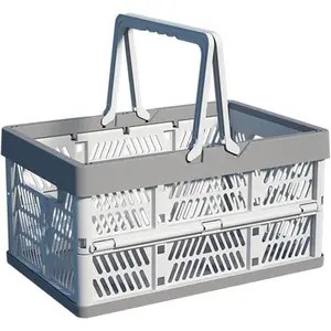 Collapsible Plastic Storage Crate - 20L Folding Organizer Basket Portable Stacking Storage Crate Bin with Handle for Camping Picnic Car Trunk Home Storage (Gray, M)