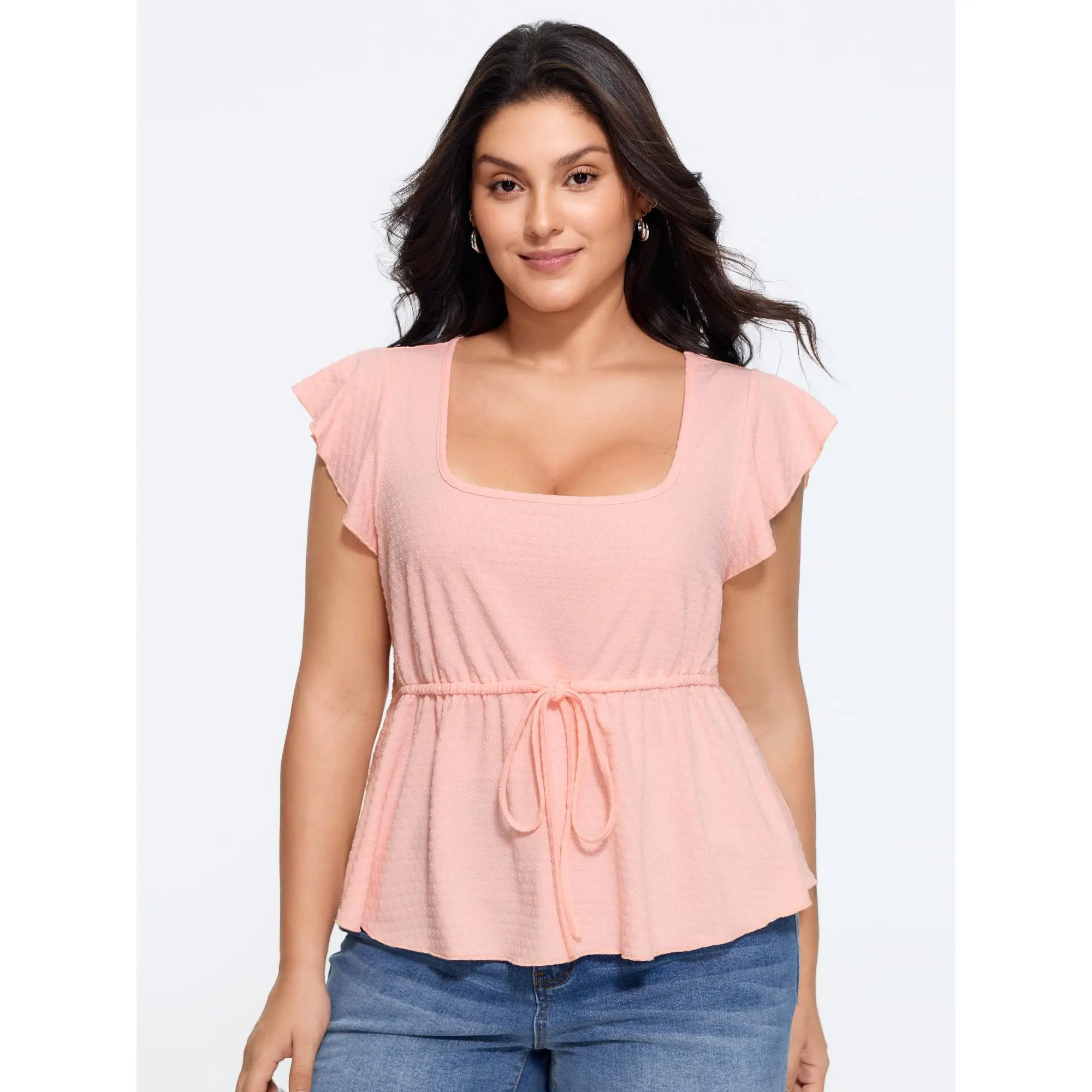 BloomChic Plus Size Flutter Sleeve Peplum Blouse, Solid Cable Knit Leisure Top with a Drawstring Waist, Spandex, Garment, Flat, Shortsleeve