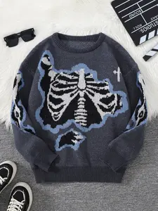 Men's Skull Print Knit Sweater, Knitwear Fitted, Casual Autumn/winter Fashion, Street Style Design, Perfect for Daily Wear & Gifts
