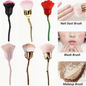 Large Electroplated Nail Brush, Champagne Color Setting Powder Brush, Rose Flower Shape Makeup Brush, No Shedding Manicure Dust Brush