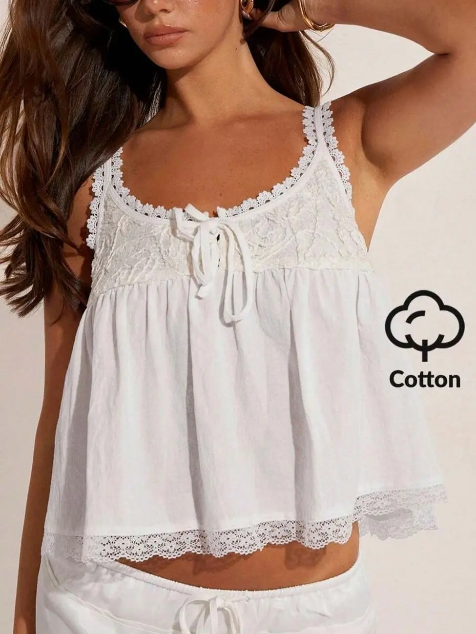 Women’s White Lace Babydoll Cami Top, Cotton Spaghetti Strap Bow Front Tank with Ruffle Hem, Coquette Y2K Summer Vacation Top