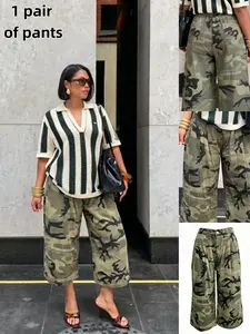 Women's Camouflage Work Pants, High Waist Loose Fit, Casual Street Style, Multi-Color, All Seasons, Trendy Mid-Length Trousers, Womenswear