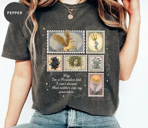 Percy Jackson Stamps  Shirt, Hey, I’m Poseidon Kid I Can’t Down And Neither Can My Pancakes Tee, Camp Half Blood Camping Long Sleeve, All-Day Comfort, Zero Compromise, Simple Look, Easy to Match