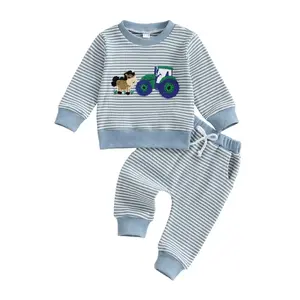 Toddler Baby Boy Country Farm Clothes Tractor Pony Embroidery Waffles Striped Sweatshirt Tops Jogger Pants Sweatsuit Fall Outfits