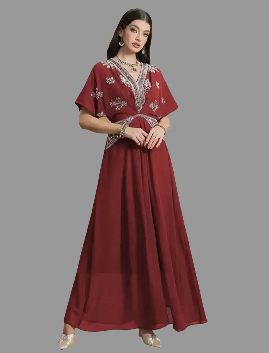 Women's Modest Maroon Silk Abaya Kaftan - V-Neck, Short Sleeves, Rhinestone Embroidery, Sequins for Wedding, Regular, Party Occasions