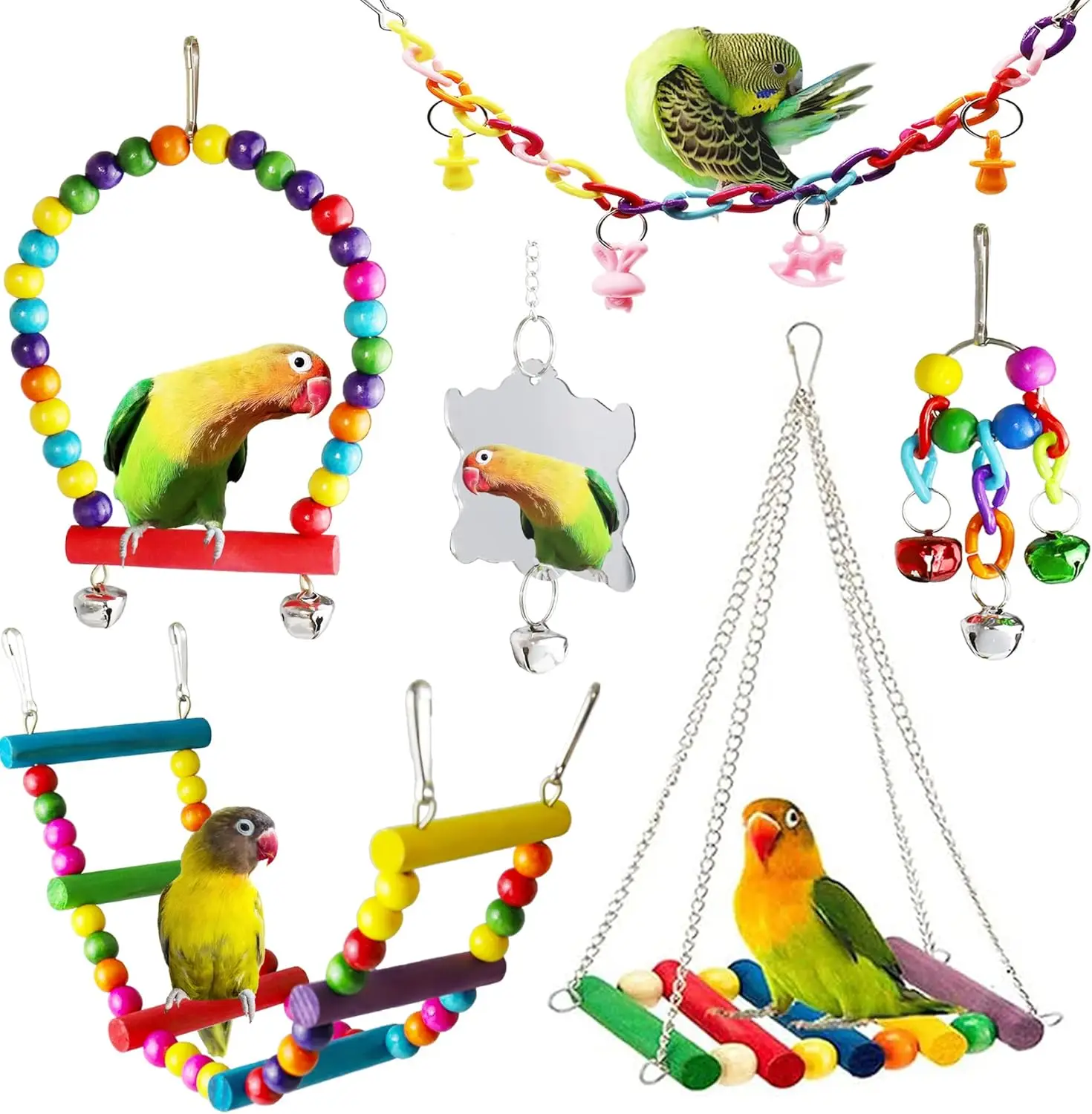 EVERBETTERUS Bird Parakeet Cockatiel Toys Birds Cage Accessories Swing Climbing Ladders Wooden Perch Toy for Conures Finche Budgies Lovebird Parrot 6