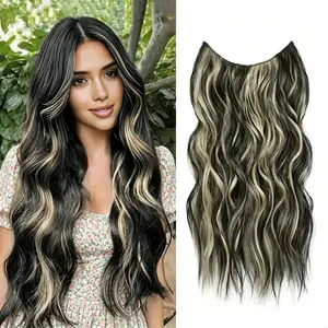 Plodon 16/20/24 Inch One-Piece Hair Extensions, 5 Safety Clips Secure Fit, Black Mix Gold, Baddie Aesthetic, Curly Body with Glue-Free Lace Closure, Heat-Styleable, Easy to Manage Wireless Wearable Crimped Wavy Hairpieces, Long Seamless Extensiones.