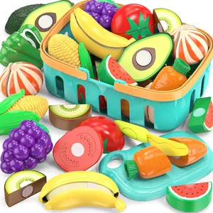 Cutting Play Food Toys for Kids – Pretend Kitchen Playset with Plastic Fruits & Vegetables, Shopping Basket, Cutting Board & Safe Knife – Educational Toddler Toy & Birthday Christmas Gift for Boys & Girls
