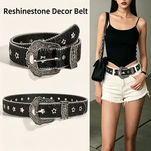 Punk Rhinestone Decor Belt Buckle for Men & Women, Wdde Waistband for Party, Country Full Rhinestone Men & Women Accessories for Daily Clothing Decor, Belts for Women & Men Vintage Beads belt