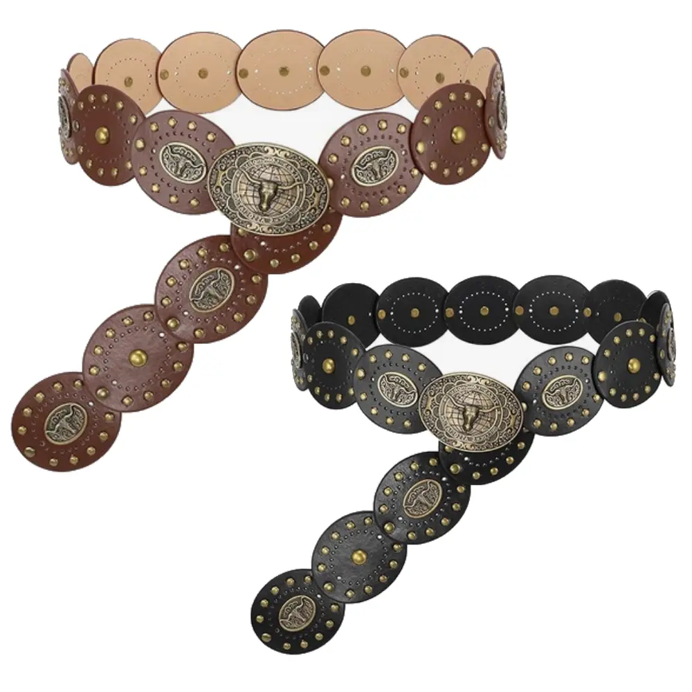 Pack of 2 Women's Boho Disc Belt Cowboy Wide Western Concho Leather Belt for Dresses Jeans Pants Suitable for Country Music Festival, Halloween, Cosplay