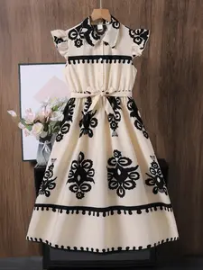 Girls' Collar Button Pattern Print Dress with Adjustable Waist Belt, Fashionable Sleeveless Design for Daily Wear, Vacation & Party, Collared Button Dress