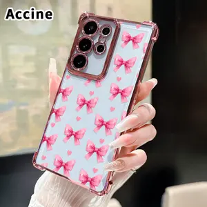 Phone Case Compatible with Samsung Galaxy S23 Ultra S24 Plus S25 S22+ FE Edge Glitter Bow-Heart Four Corners Air Cushion Pattern Anti-drop Cell Electroplated Transparent Silicone Cover