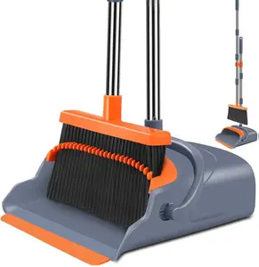 Upgrade Broom and Dustpan Set with Extendable Pole Heavy Duty Bristles Self-Cleaning Teeth Gray Orange for Indoor Outdoor Pet Use Cleaner Rubber