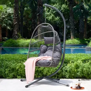 Hanging Egg Chair with Stand, Patio Swing Egg Chair Indoor Swinging Chair Outdoor 350lbs Capacity for Patio Bedroom Balcony, Easy Assembly, Black+ Gray