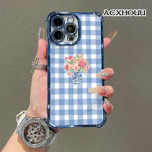 Protective Cover for iPhone 16 E Pro Max 15 Plus 14 13 12 11 XS XR Blue Gingham Chinoiserie Vase Print Anti-Fall Scratch Resistant Cute Kawaii Shockproof Cover