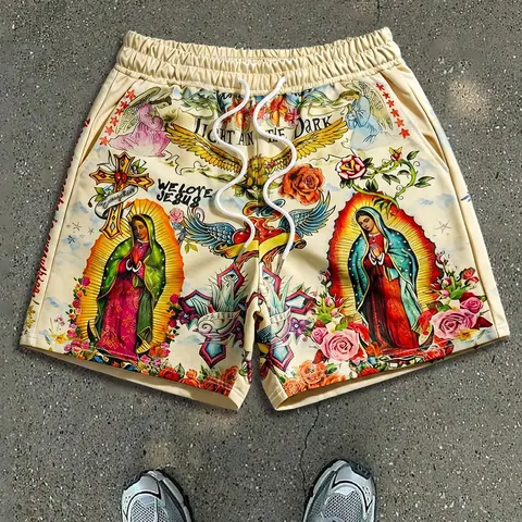Old School Tattoo Art Shorts, Virgin Mary & Jesus Print Streetwear Shorts, Lightweight Elastic Waist Shorts, Casual Sports Shorts, Perfect for Summer Gym Workouts, Beachwear and Daily Casual Outfits