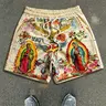 Old School Tattoo Art Shorts, Virgin Mary & Jesus Print Streetwear Shorts, Lightweight Elastic Waist Shorts, Casual Sports Shorts, Perfect for Summer Gym Workouts, Beachwear and Daily Casual Outfits