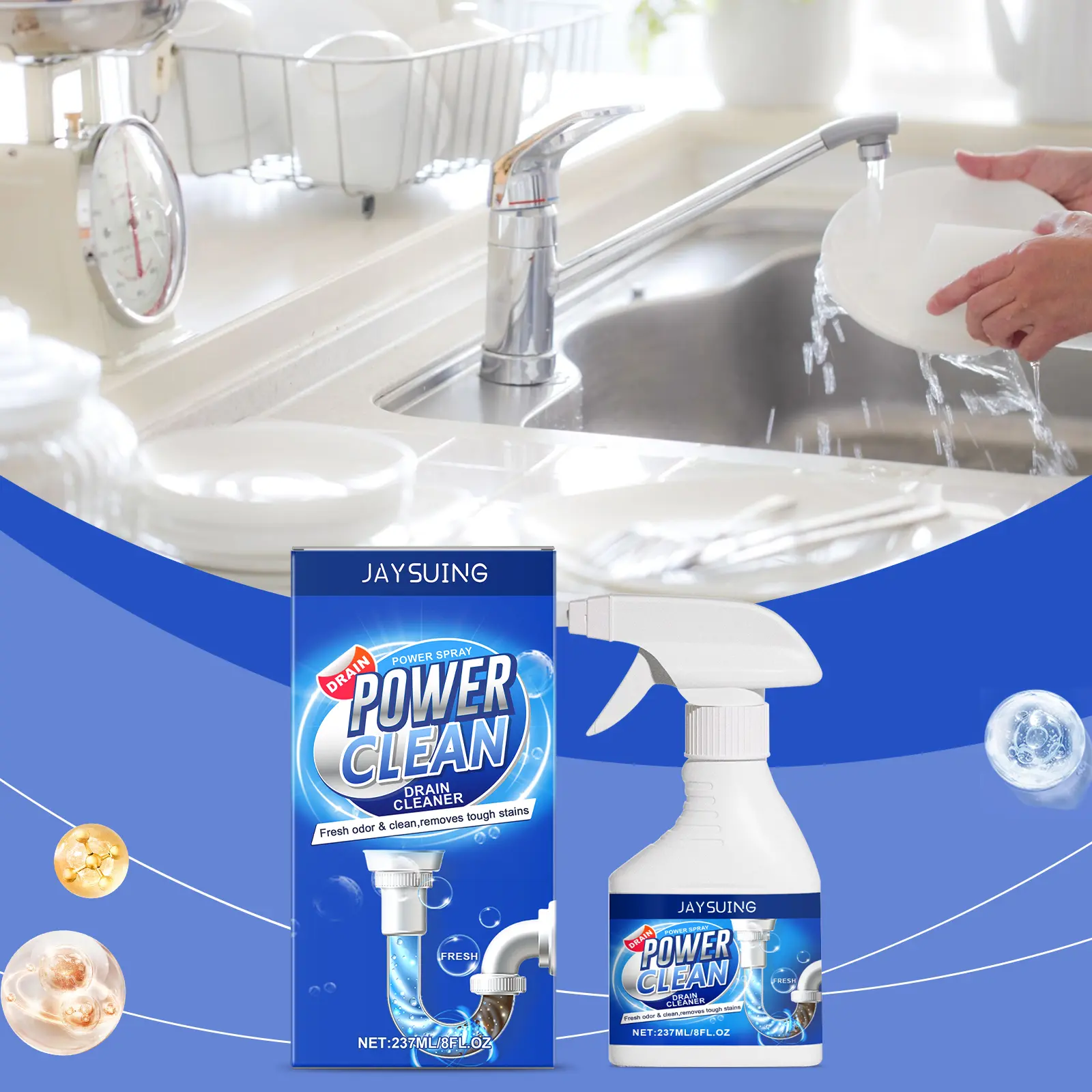 Alkali-Enhanced Enzyme-Based Liquid Drain Cleaner, 237ml Unscented Household Cleaning Solution for Kitchen Sinks, Fast Pipe Unclogging, Safe, Powerful