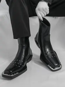 Men's Rivet Square Toe Chelsea Boots, Metal Side Zipper Street Style Mid-Calf Rubber Boots, Unique Design Punk Fashion Shoes Footwear
