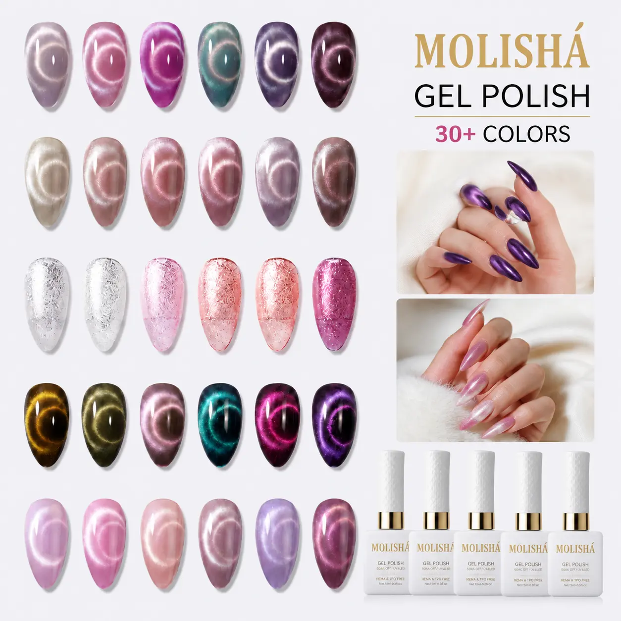 MOLISHA Cat Eye 6-Piece Set Magnetic Gel Nail Polish Kit - 6-Color Gel Polish, Magnetic Tool Included, Ideal Gift for Women for Shiny Custom Art & Elegant Looks square false nail