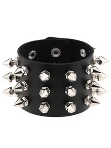 Punk Style Exaggerated Cone Rivet Leather Adjustable Cuff Bracelet Bangle Ring, Three Row Design, Non-Mainstream Fashion Accessory for Women, Trendy Fashionable Accessories, Punk Style Jewelry