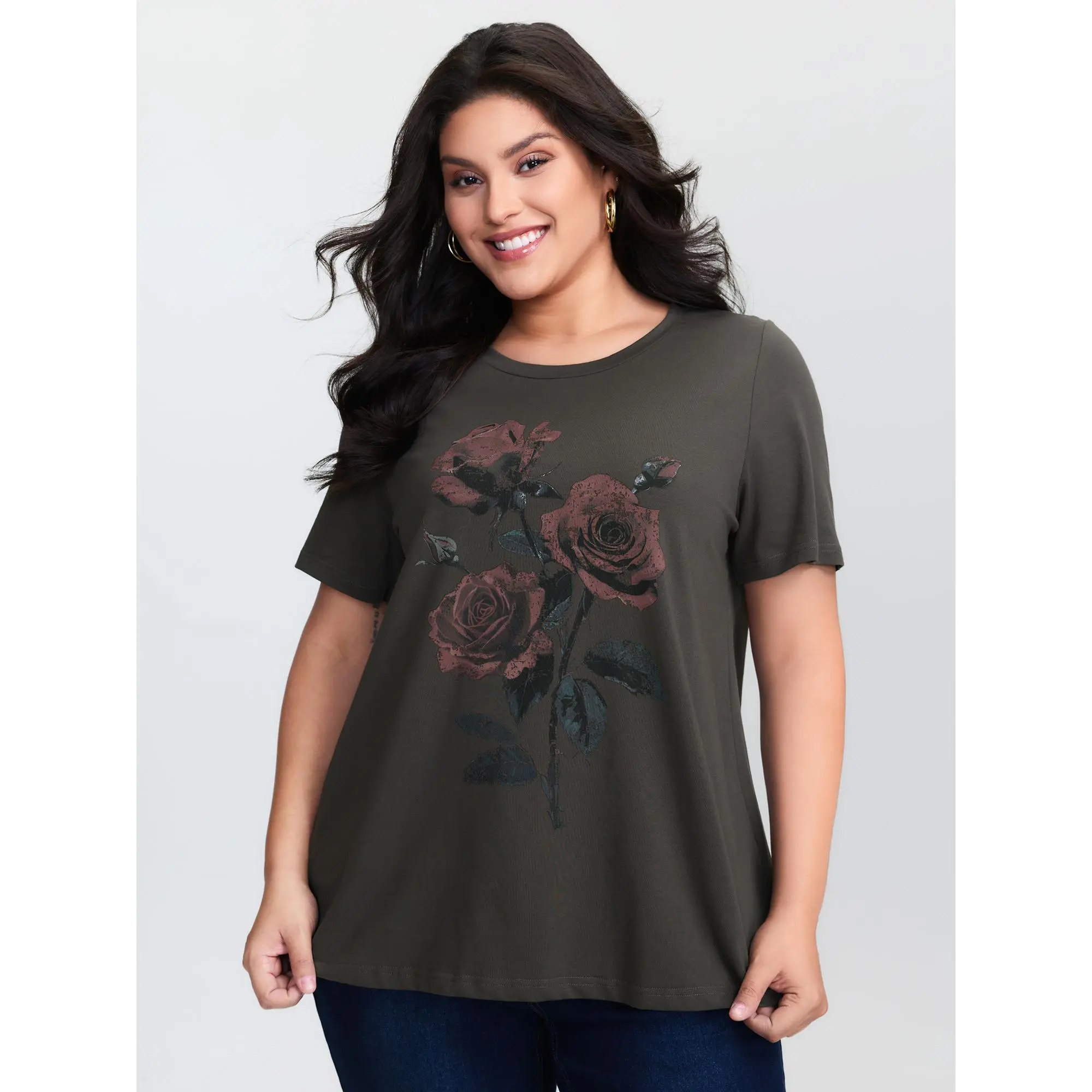 BloomChic Women's Plus Size Stretch Cotton-Blend Short Sleeve T-Shirt - Distressed Rose Graphic, Boho Floral Style, Distressed Look, Pocket-Free Ease, Gentle Machine Washable, Soft Fabric Basics