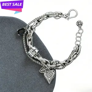 2026 925 Sterling Silver Bracelet Women Men, Vintage String Jewelry Heart Cross Pendant, Minimalist Fashion Accessory, Lightweight Comfortable, Party Gift for Birthday Holiday Anniversary Daily Wea