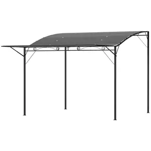 10' x 8' Outdoor Pergola – Dark Gray. Scrolling Wave Design + Adjustable Canopy. Freestanding or Wall-Mounted. PA-Coated Polyester. 19 Rain Drainage Holes. 8 Stakes Included