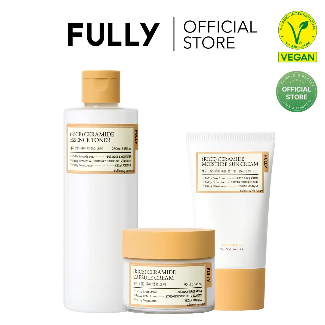 [FULLY Official Shop] Rice Ceramide Glow & Protect Complete Routine | Hydrate, Strengthen & Protect Skin | All-In-One Daily Korean Skincare Routine | Toner 8.45 fl. oz. + Cream 3.04 fl. oz. + Sunscreen SPF50 1.69 fl. oz.