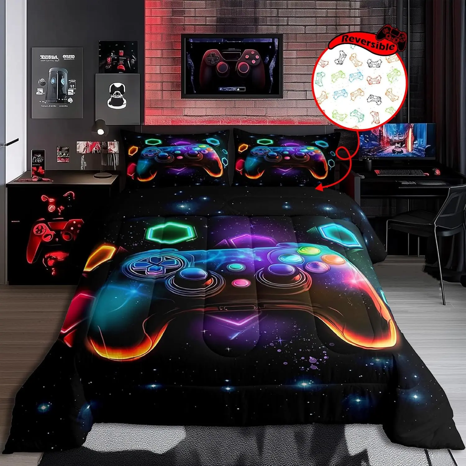 Feelyou Queen Comforter Set - Boys' Glow Dark Duvet Bedding, Soft Microfiber Quilt with Red, Green, Blue, Teal Glow Colors, Video Game Gift for Bedroom, Guest Room (Multi-Size Option)