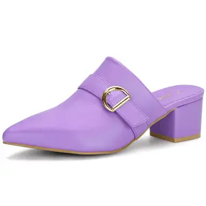 BLISSFUL STEP Pointed Toe Slip On Block Heel Sandals Mules Purple